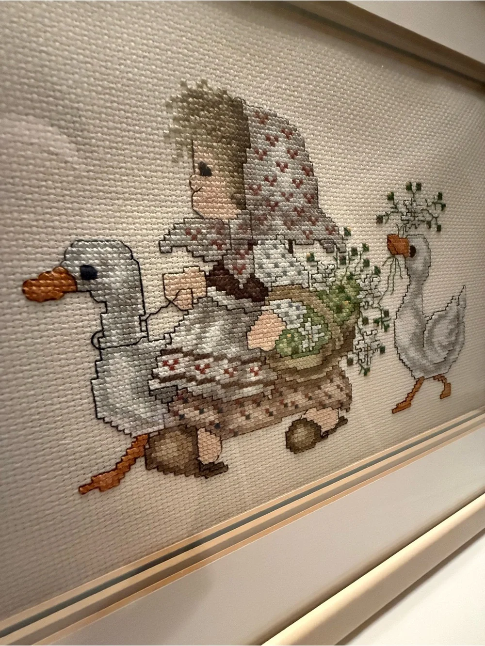 Vintage Cottagecore Goose Cross Stitch Framed Wall Art Grandmillenial Prairie